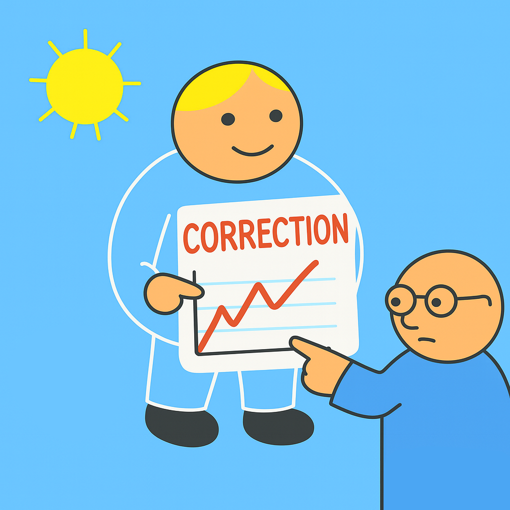 Correction illustration showing two cartoon figures, one holding a paper with CORRECTION written on it and an upward trending graph